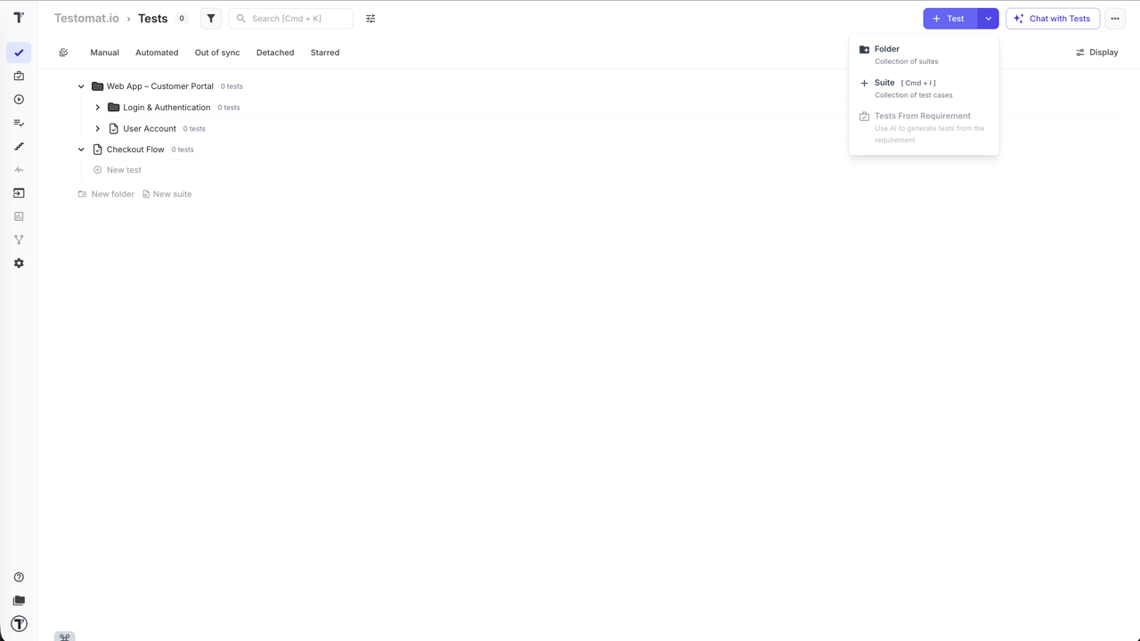 Tests page with folder structure